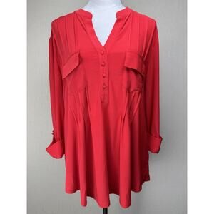 Ava & Grace Sz 1X Solid Red Stretch Knit Rolled Tab Popover Blouse Tunic Holiday
